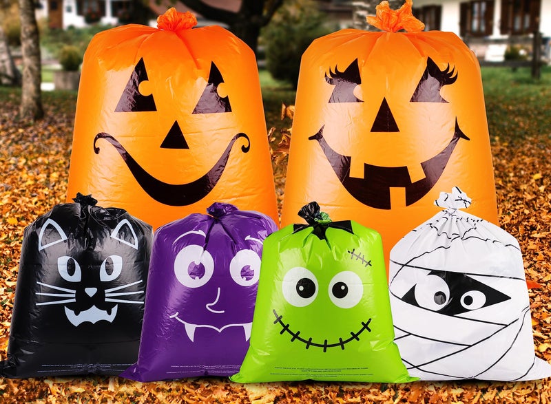 POPGIFTU 12 Pack Halloween Lawn Leaf Bags Heavy Duty Plastic Trash Bags with Twist Ties 6 Designs Large Pumpkin Yard Waste Bags for Garden Lawn Porch Indoor Outdoor Halloween Decorations